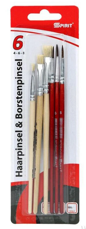 SPIRIT Pinselset 6 teilg Haar und Borsten Pinsel 4 6 8 Schul Künstler Mal Pinsel Set