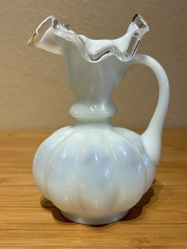 Vintage Fenton Silver Crest White Milk Glass Ruffled Pitcher Vase 6 inches Tall