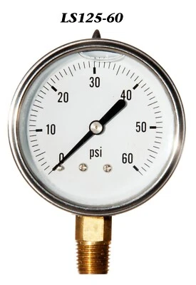 LIBERTY PNEUMATIC Pressure Gauge 0-60 PSI, Liquid Filled 2.5” Stainless Steel 1/4" NPT LM