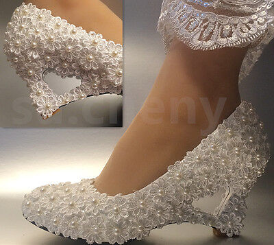 su.cheny Ivory white lace Daisy wedge heart-shaped pearls Wedding ...