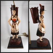 Vintage Tyrolean Figural Painted Tole Table Lamp, Vase 
