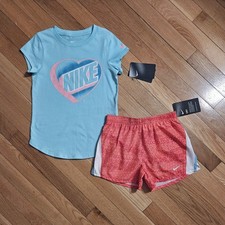 NEW Nike Little Girl Cotton Tee Dri-fit Short Set, Blue/Pink 6X