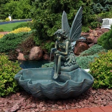 Fiberglas Bronze Fairy Shell Outdoor Water Fountain - 30 in by Sunnydaze