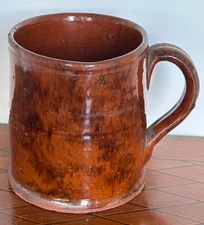 Antique 1st Half 19th c. Pennsylvania Glazed Redware Strap Handled Tankard Mug