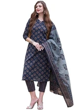 GoSriKi Women's Cotton Blend Printed Straight Kurta with Pant & Dupatta