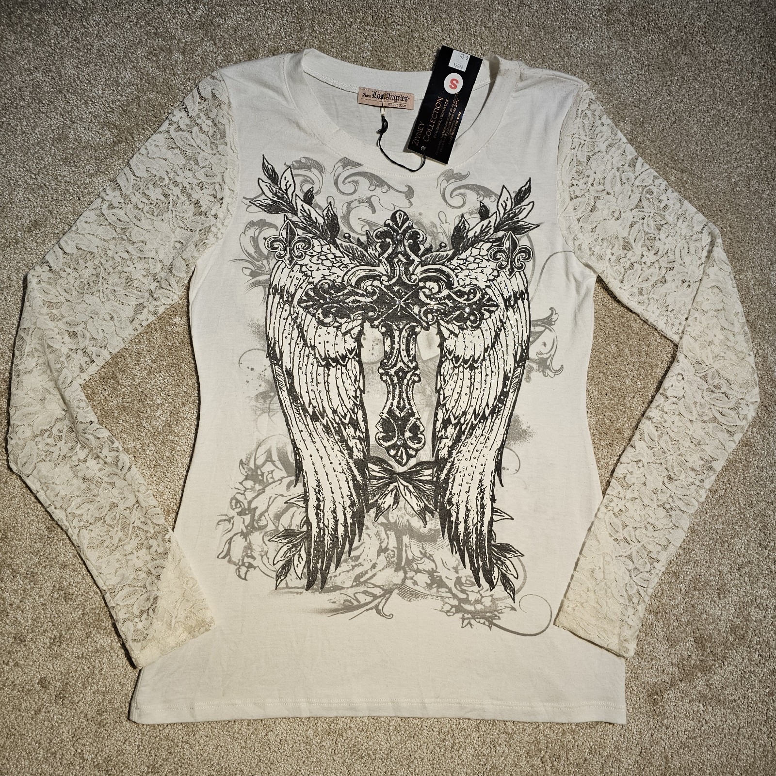 Vtg NWT Y2k Bus Stop Gothic Cross Wings Size S Lace Sleeve Top 90s Grunge Fairy
