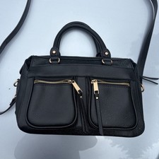 Black Pebbled Satchel Top Handle Bag Zip Gold Hardware Detachable Strap Pockets