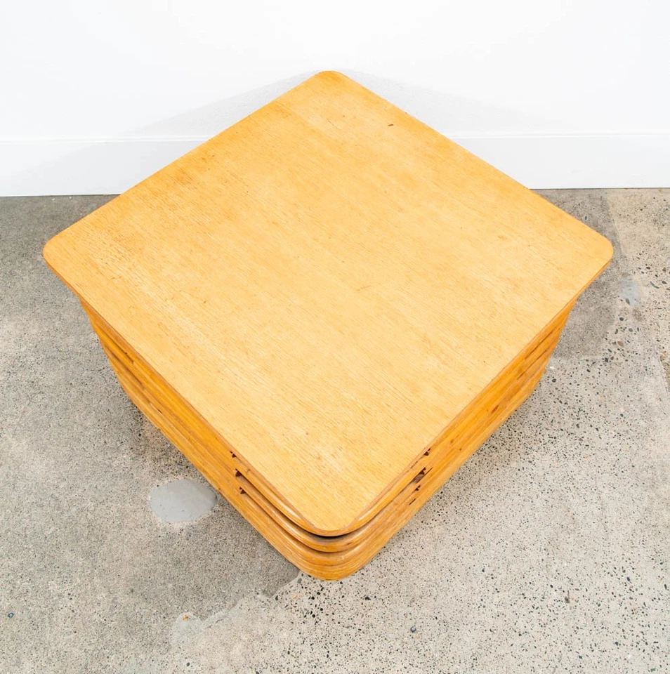 Mesa de centro moderna meados do século quadrada bambu Paul Frankl vime carvalho refinado - Imagem 2 de 4