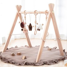 Wooden Baby Play Gym Play Mat, Foldable Baby Gym with 6 Hanging Sensory Toys ...