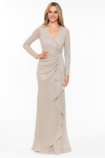 Betsy Adam Modest Long Sleeve Pleated Metallic V-Neck Gown Gold Ruching Sz 10