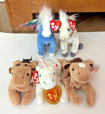  5 Ty Beanie Babies HORSE LOT PEGASUS, MYSTIC UNICORN, DERBY x2 , LIGHTNING