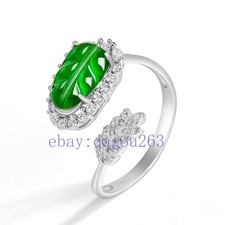 Certified Natural Myanmar A-grade jade leaf 925 silver inlaid ring