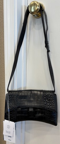 Pre Owned Black Croc Embossed Leather Balenciaga Shoulder Crossbody Handbag VGUC