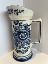 Vintage Delft Blue Hand-Painted Ceramic Pitcher Vase - Floral 7” Collectible