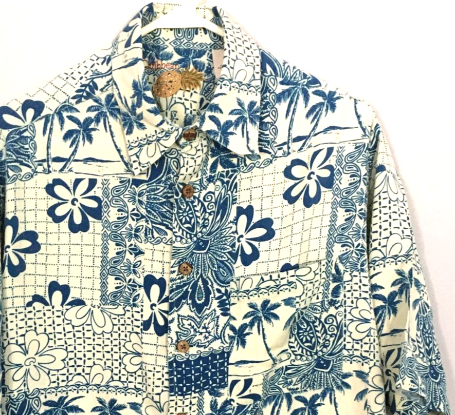 Caribbean Hawaiian Shirt Mens M/L Oversize Floral Patchwork Button Up Silk Blend