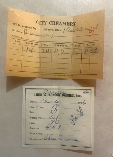 Jackson, Michigan Vintage Reciepts Loud and Jackson Dairies, City Creamery 1946