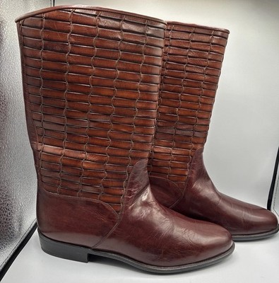 VTG New Lorenzo Banfi Italian Leather Woven Caiman Men s 7.5 Tall Boots Brown