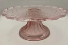 Pink Depression Glass Scalloped Pedestal Stand, Vintage Dessert Cakes 7.5x3” EUC