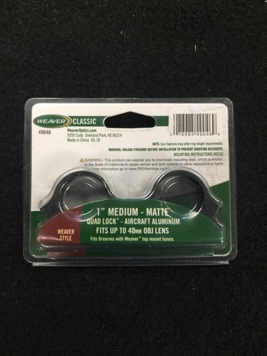 Weaver Classic 1” Medium Matte Quad Lock Detachable Scope Mount Rings 49046