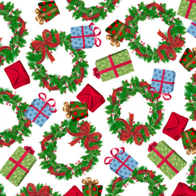 Christmas Fabric, BTY, Wreaths and Presents, 27683 -Z, White, TheFabricEdge