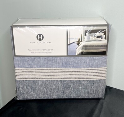 Hotel Collection Full/Queen Comforter Cover Blue White Grey Stripe Linen/Cotton