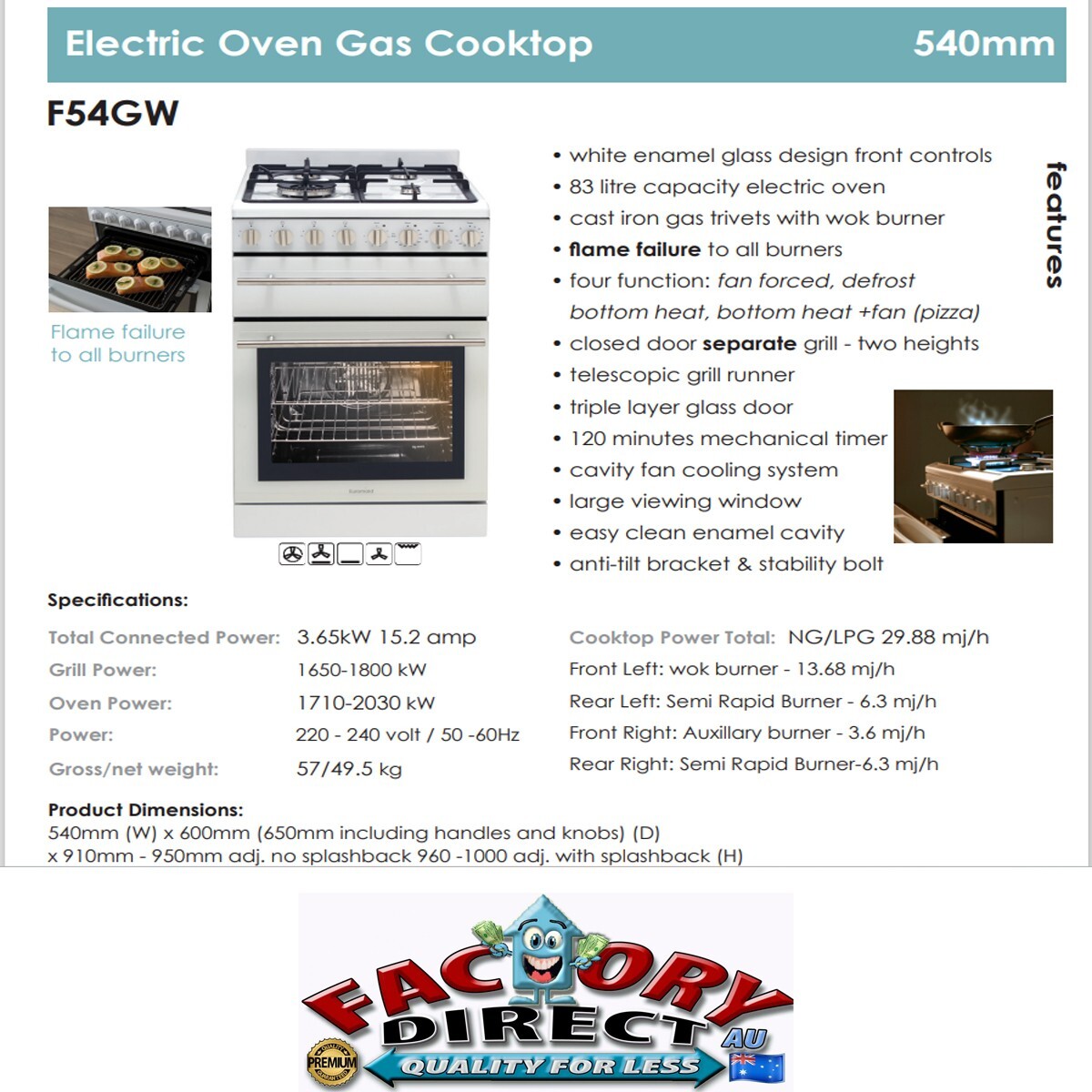 Euromaid F54GW 54cm Electric Oven with Gas Cooktop White Brand NEW 2