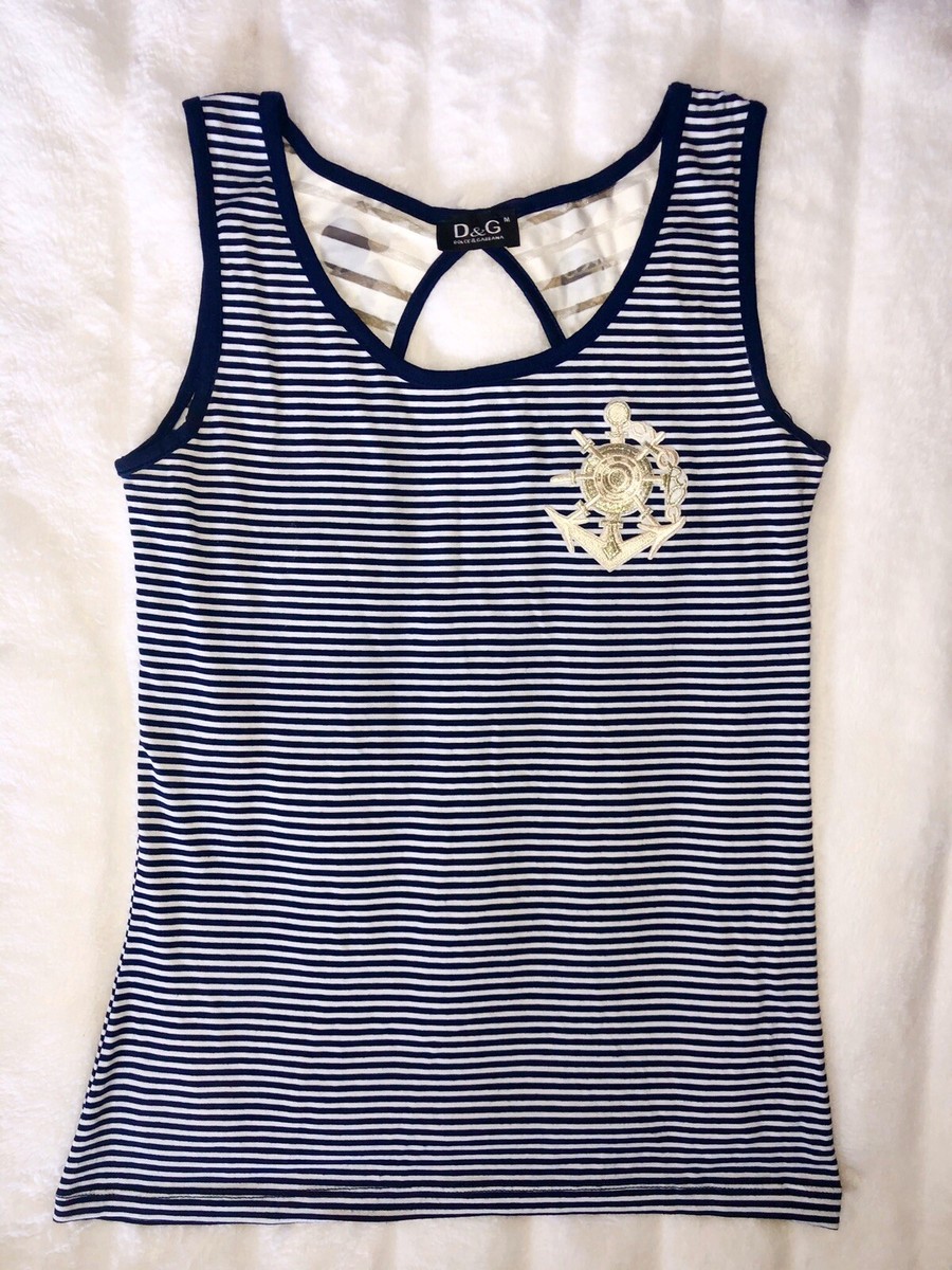DOLCE & GABBANA Navy White Striped Embroidered Nautical Tank