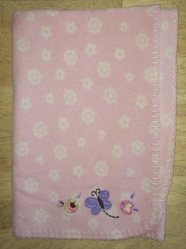 Just Born Pink Girls Baby Blanket Fleece White Flowers Butterflies Appliqués - Image 2 of 4