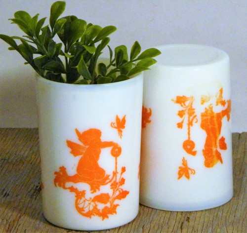 Vintage Milk Glass Tumbler Cups Cherub Angel Fairy White Orange 2 - Picture 6 of 7