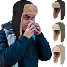 Men Winter Windproof Warm Hat Faux Fur Lining Ear Flaps Cold Weather Hunting Hat