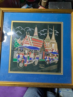 Thai Tuk Tuk Handmade Embroidered Framed Art, 18x18 Temple Artwork