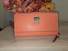 New Dooney & Bourke Saffiano Folded Zip Wallet Wristlet Coral