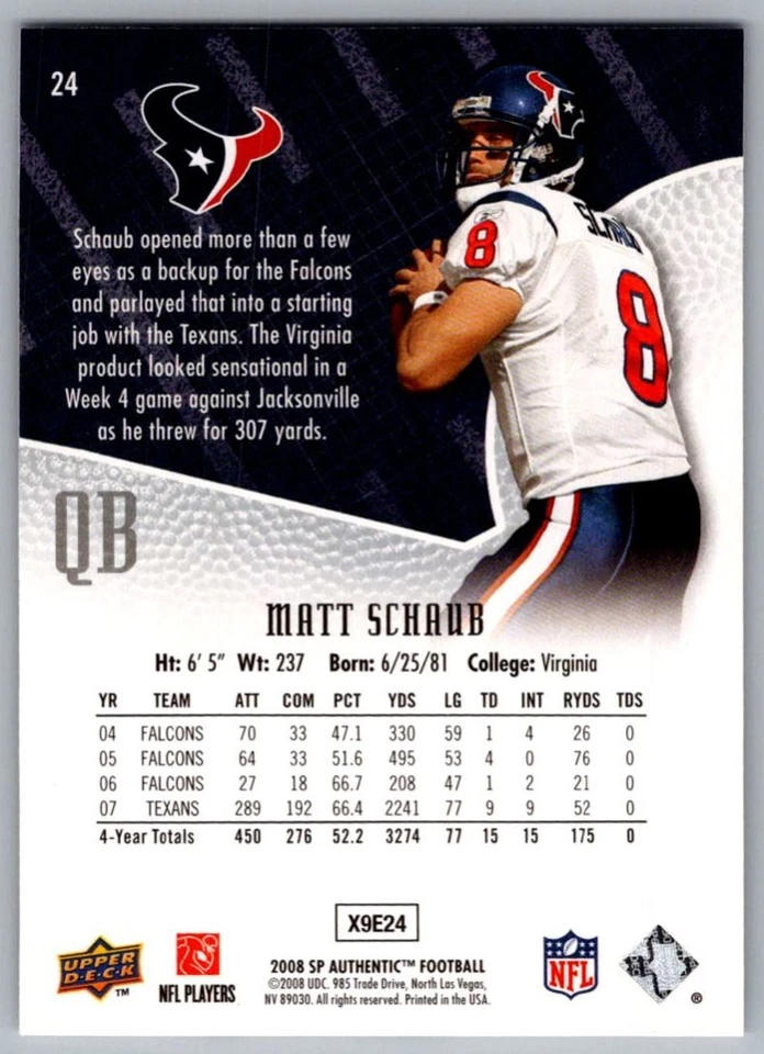 2008 SP Authentic Matt Schaub Houston Texans #24 - Image 2 of 2