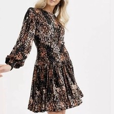 Free People Dress Long Sleeve Mini Black Floral Smocked Bodice Boho Party Dress