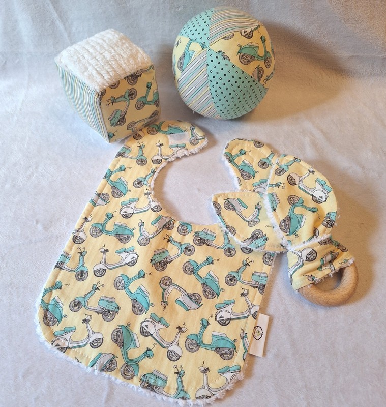 Boutique Baby Toddler Gift Set - Yellow & Aqua Vespas - Bib, Teether, Rattles