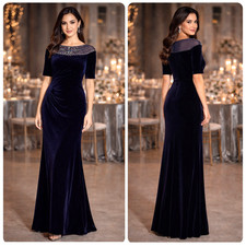 Adrianna Papell Velvet Beaded Gown Dress 8 Navy Blue Ruched Formal Evening NEW