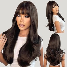 Dark Brown Long Straight Hair with Bangs 24in Premium Wig