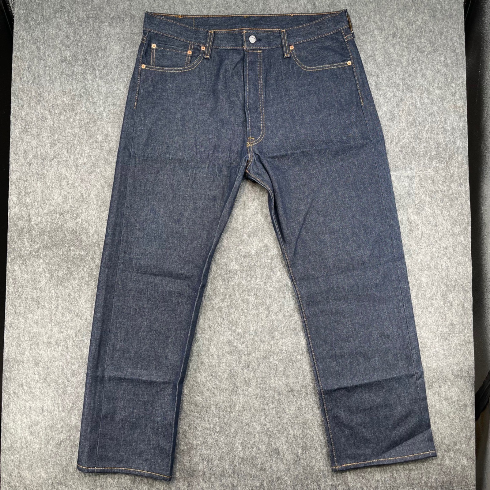 Mens 38x30 Shrink-to-fit Denim Straight Leg Button Fly Dark 