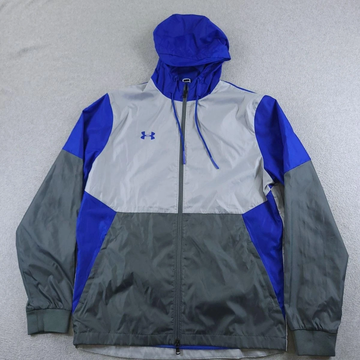 Under Armour Jacket Men Medium Blue Gray Hooded Windbreaker Team Legacy UA Storm