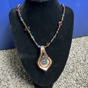 Brown And Blue  Colored Art Glass Necklace Beaded Tear Drop Pendant 13 In Long