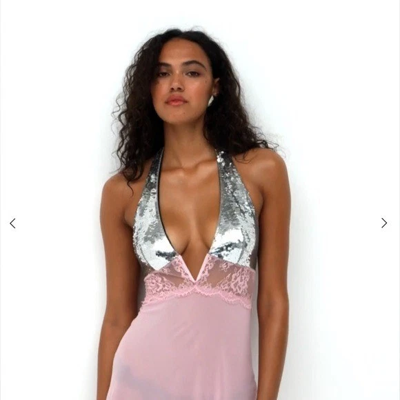 $189 Nuevo con Etiquetas Vestido Sin Mangas For Love & Lemons Maia Plateado Rosa Encaje Halter Talla M Foto 2 de 4