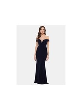 XSCAPE Womens Navy Off Shoulder Full-Length Formal Sheath Dress 0