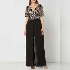 Adrianna Papell Floral Beaded Jumpsuit $319 Size 4 Sheer Skirt Overlay Black NWT