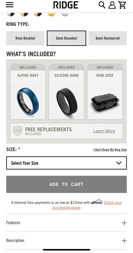 Anillo The Ridge azul alpino tungsteno 6 mm redondeado tamaño 8,5 con anillo de silicona y estuche Foto 2 de 3