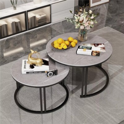Moderner Satztisch rund grau Marmorplatte Couchtisch Set Sinterstein Tisch Metall