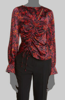 $395 Cinq à Sept Women's Red Ezrah Floral-Print Ruched Cutout Silk Blouse Size M