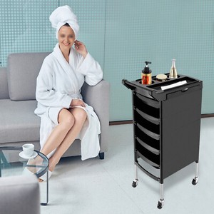 6 Layer Salon Rolling Trolley Cart Hair Styling Salon Cart with 5 Drawers Black