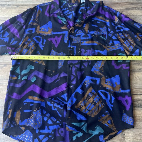 Camicia uomo Psychedelic vintage anni 90 Buon Uomo geometrica nera viola rayon L con bottoni - Foto 4 di 6