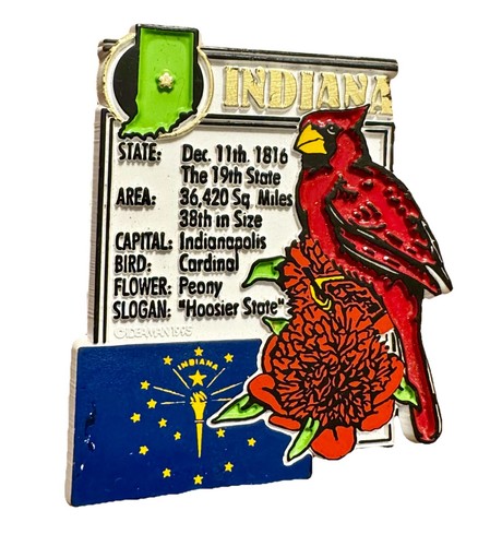 VINTAGE 1995 INDIANA CARDINAL STATE BIRD FLAG PEONY FLOWER HOOSIER FRIDGE MAGNET