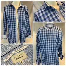 Ted Baker Endurance Flip Cuff Shirt 16 34 Blue Plaid Cotton Worn Once YGI E1-288